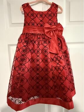Girls' Red Satin Dress with Black Floral Overlay and Bow - Size 5